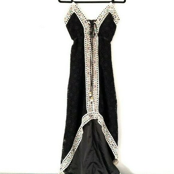 Meghan LA 2 Black Crochet Lace Beaded Hi-Low Dress